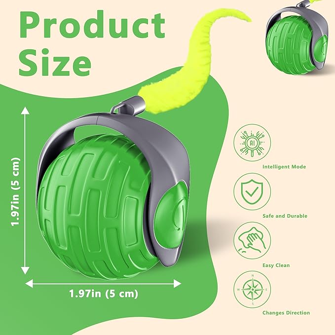 Cat Toys,Interactive Cat Toys Ball for Bored Indoor Cat,Automatic Rolling,Drop Resistant and Obstacle Avoidance,2 Modes Adjustment,Fluffy Tail and USB Type-C Rechargeable(Green)