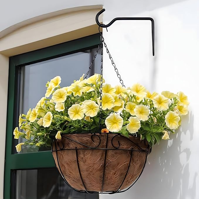 Black Metal Wall Hooks Hanging Plant for Bird Feeders, Wind Chimes, Flower Baskets.Wall Plant Hangers Indoor/Outdoor (Black, 2PCS)