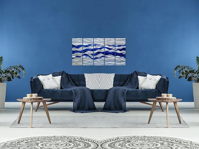 SYGALLERIER Abstract Coastal Metal Wall Art Handcrafted Big 3D Blue and Silver Artwork Modern Sea Waves Pictures Contemporary Sculpture for Living Room Bedroom Bathroom Decor