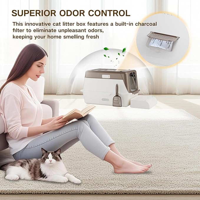 Stainless Steel Cat Litter Box with Lid, XX-Large Extra Large Litter Boxes for Large Cats,Enclosed Removable Metal Kitty Litter Box with High Sided,Magnetic Door,40L Box, Litter Trap Step/Mat