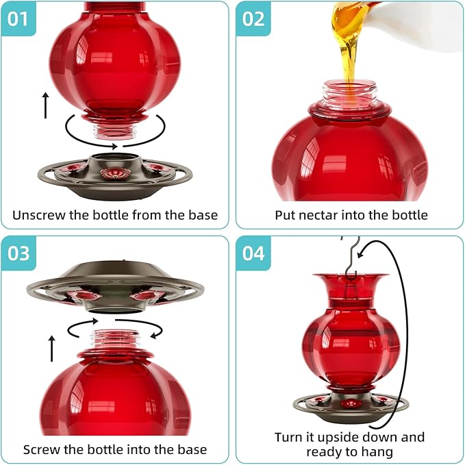 Auslar Hummingbird Feeder, Red Glass Hummingbird Feeders for Outdoors Hanging with Ant Moat, 5 Simulation Flowers Feeding Ports, 23 Ounces, Rustproof, Fade Proof, Pomegranate Shape, 2 Pack