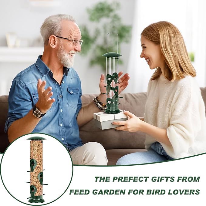 FEED GARDEN Metal Tube Bird Feeders for Outdoors Hanging, 6-Port Bird Feeder for Outside, Finch Feeders for Outside, Squirrel Proof Bird Feeders with Heavy Duty Metal Lid, Chew-Proof, 13 Inch Green