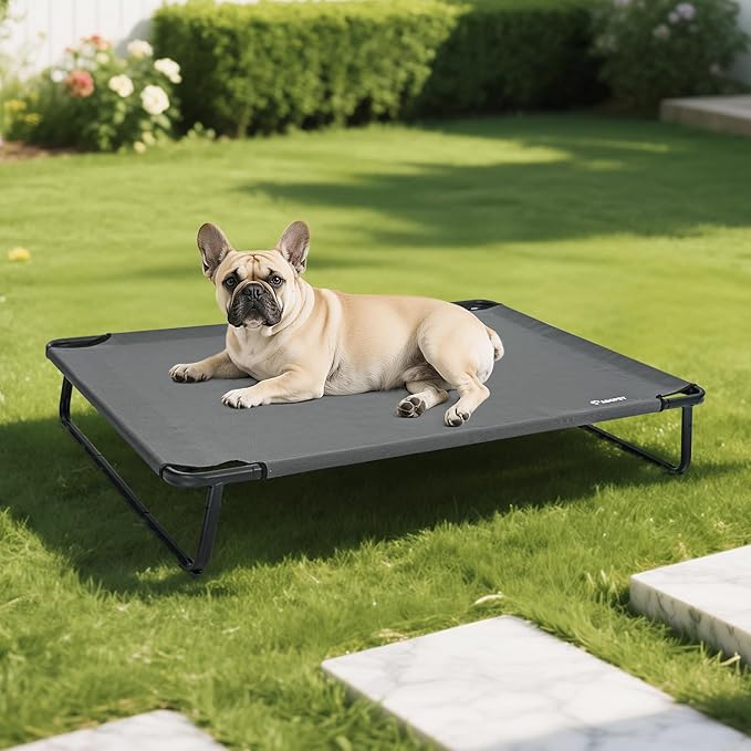 Cooling Elevated Dog Bed, Raised Outdoor Dog Bed Waterproof Pet Beds Cots Stable and Easy Assembly, Teslin Fabric with 1.2mm Thick Iron Frame, Breathable, Ultra-Sturdy,Grey,32 * 25.2 * 7.1