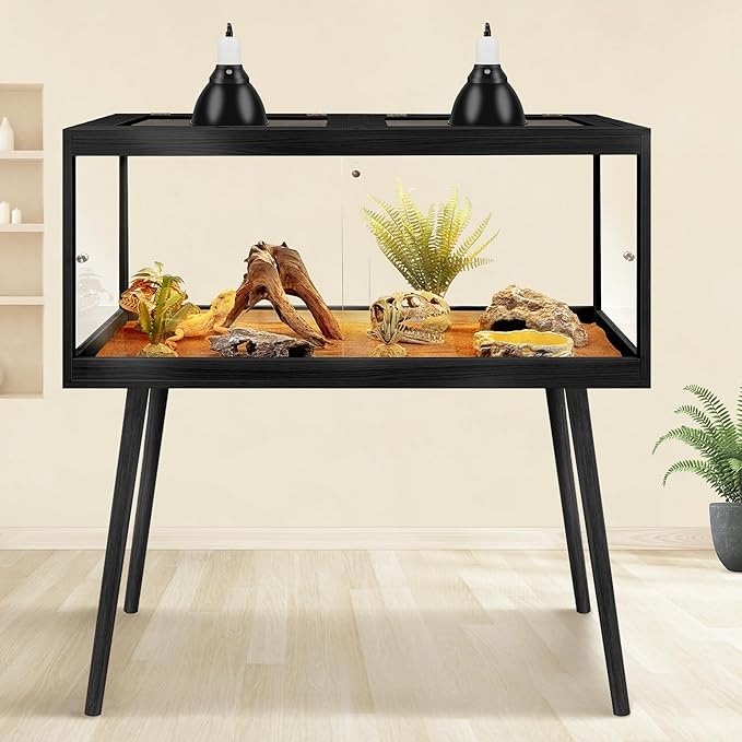 PROLEE Tempered Glass Reptile Enclosure with Leg,48“ Scratch-Proof Bearded Dragon Tank,79 Gallon Lizard Tank with Metal Mesh Tops and Lockable Door,Spacious Reptile Habitat for Snake,Lizard (Black)