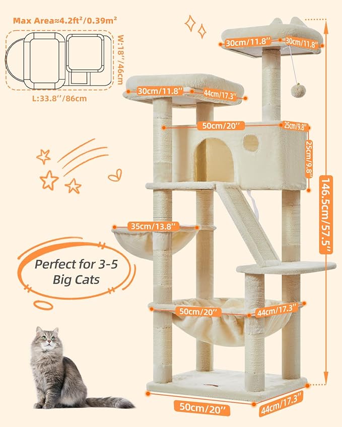Taoqimiao Cat Tree 57.5-Inch, Cat Tower for Indoor Cats Large Adult, Extra Large Cat Condo, 8 Sisal Scratching Posts, Metal Frame Cozy Hammock, Durable Scratch Board, 2 Top Perches, Beige MS026M