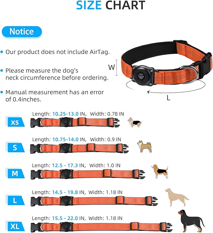 Upgraded AirTag Dog Collar, IP68 Waterproof Air Tag Dog Collar Holder, Reflective, Ultra-Durable, Comfortable Padded, Heavy Duty Dog Collars for Small Medium Large Dogs (M (12.6"-17.1"), Orange)