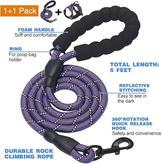 No Pull Dog Harness Adjustable Reflective Oxford Easy Control Medium Large Dog Harness with A Free Heavy Duty 5ft Dog Leash (M (Chest: 22"-26"), Purple Harness+Leash)