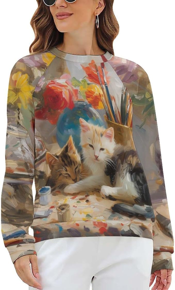Long Sleeve Shirts for Women Cat Oil Painting Shirt 3D Graphic Sweatshirts Fall Pullover Crewneck Vintage Boho Tops