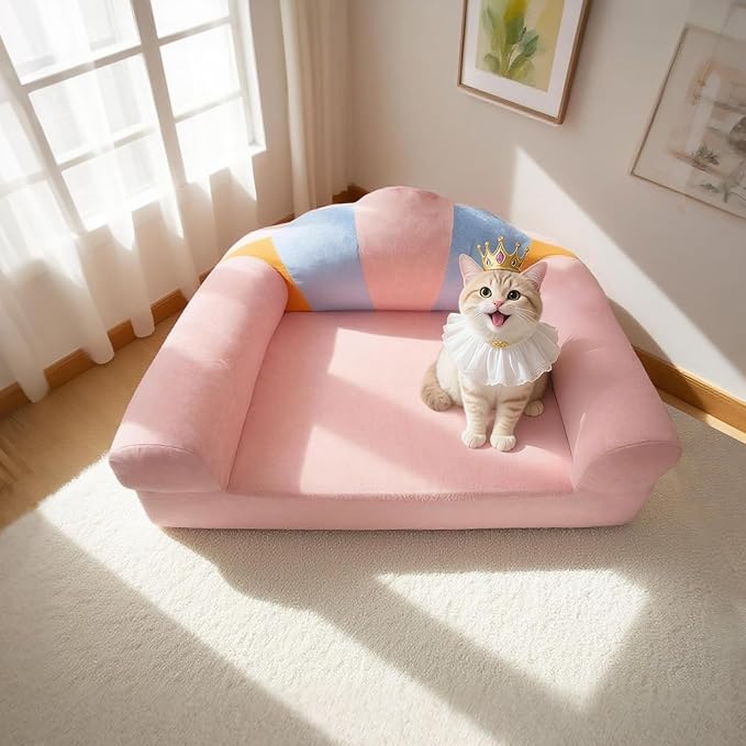 Cute Cat Couch with Soft Pillow, Supportive Dog Couch, Cat Sofa with Removable Cover,Cute Rainbow Shaped, 24 Inch