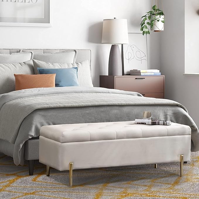 45.6 Inch Velvet Storage Bench Upholstered Tufted Settee Ottoman Bench with Storage, Bed End Bench with Soft Close Lid, for Bedroom, Living Room, Entryway, Rectangular Accent Bench, Beige