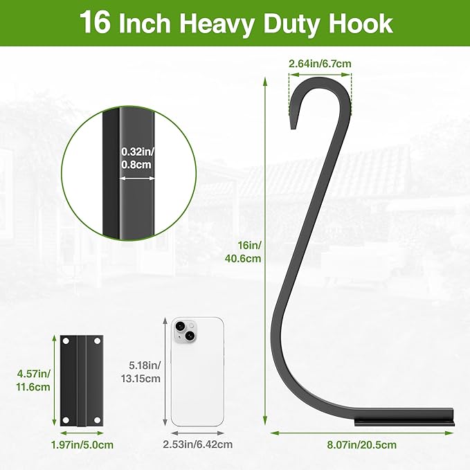 16 Inch 1 Pack Plant Hanger for Indoor/Outdoor Wall Mount - Heavy Duty Hanging Plant Holder & Bird Feeder Hook, Decorative Black Metal Wall Hangers for Plants, Flower Baskets