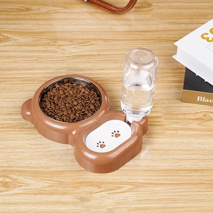 Dog Bowls, Cat Food and Water Bowl Set with Water Dispenser and Stainless Steel Bowl for Cats and Small Dogs - Brown
