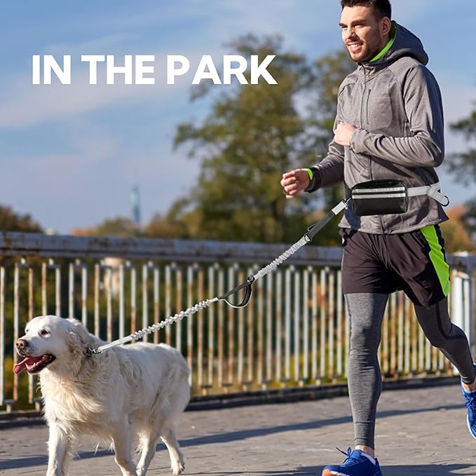 Hands Free Dog Leash, Adjustable Waist Belt with Double Padded Handles, Retractable Bungee for Medium & Large Dogs, Waist Leash for Dog Walking, Running, No Pull, Grey