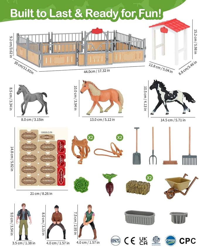 Horse Stable Playset, Horse Gifts for Girls and Boys with 3 Horses and 2 Riders, Horse Toys Set Farm Animals Toys for Kids 3 4 5 6 7 8+ (Horse Playset 1)