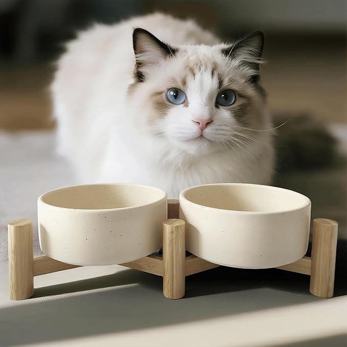 Elevated Dog Bowl & Cat Dish 27oz – Raised Ceramic Pet Food and Water Bowls with Bamboo Stand, Feeding Station for Small & Medium Pets, Prevents Neck Strain – Durable, Premium Quality by Homish