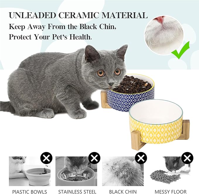 Selamica Ceramic 30 OZ Dog Bowls, Dog Food and Water Bowls with Wooden Stand, Anti-Slip Dog Dishes Set for Cats Small & Medium Sized Dogs, Weighted Pet Bowls Set of 2, Assorted Colors B