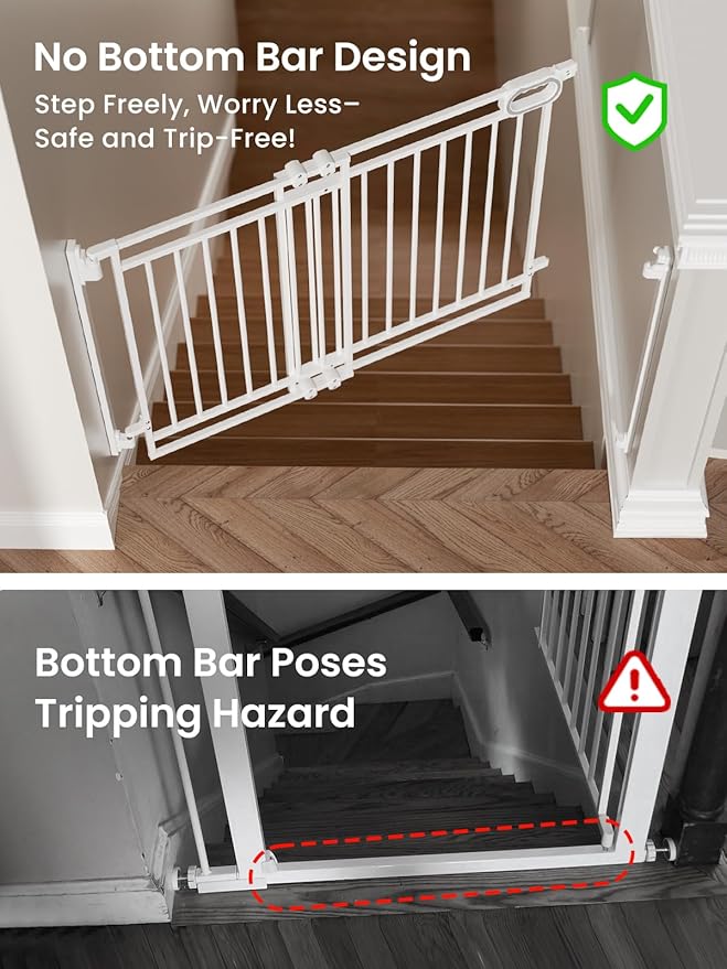 Grownsy Baby Gate for Stairs- No Bottom Bar, Adjustable Width 29.8โ to 43.5โ for Child and Pet, Dog Gate with Auto-Close & One-Hand Operation, Screw-in Installation for Doorways and Indoor Use