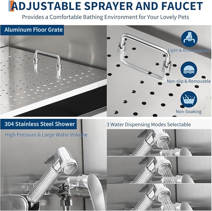 Stainless Steel Dog Washing Station - Dog Bath Tub for Large, Medium, Small Dogs, Pet Grooming Tub with Ramp, Non-Slip Grate, Shower, Soap Box, Faucet, Drain for Home & Outdoor (Right RAMP, 60")