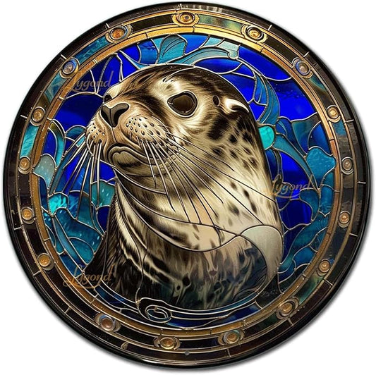 Lygond Metal Sign Tin Sign Circular Stained Glass Harbor Tin Sig For Home Decor 8×8 Inches
