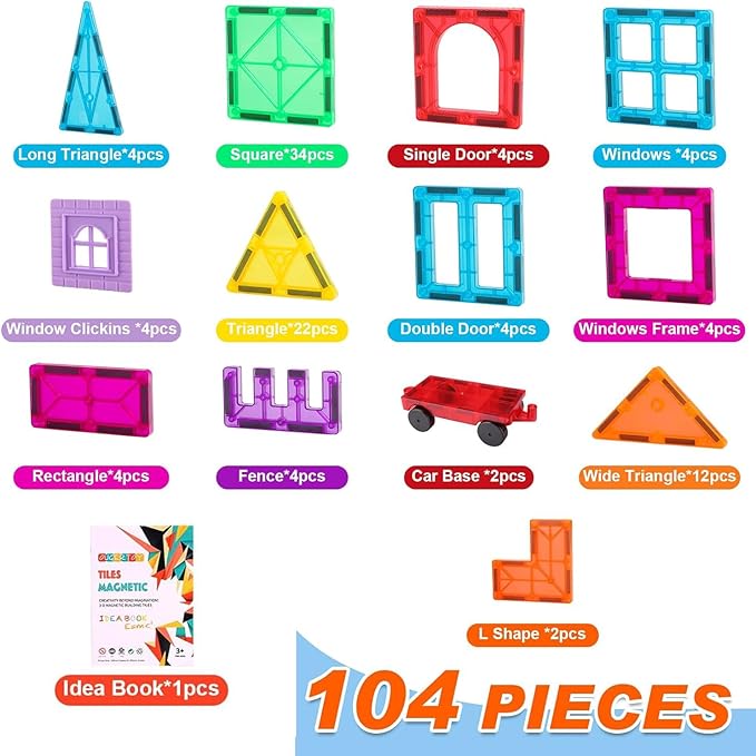 Magnetic Tiles,104PCS Magnetic Building Tiles for Kids, Educational Magnetic Stacking Blocks, Magnets Construction Toys, Christmas Toy Gift for Toddlers,Kids Boys and Girls 3 4 5 6 7 8 9+Year