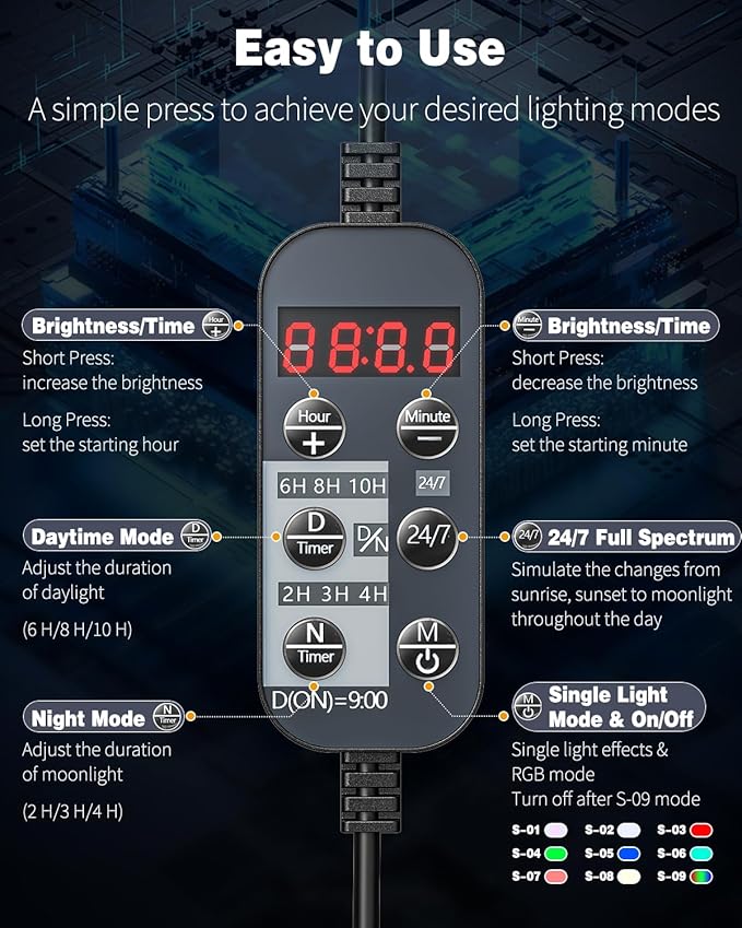 Pawfly 42W 24/7 Aquarium LED Light for 48" to 54" Tanks Extendable Fish Tank Light with Full Spectrum White Blue Red Green Lights with D/N Mode Single Color Effects Timer and Adjustable Brightness