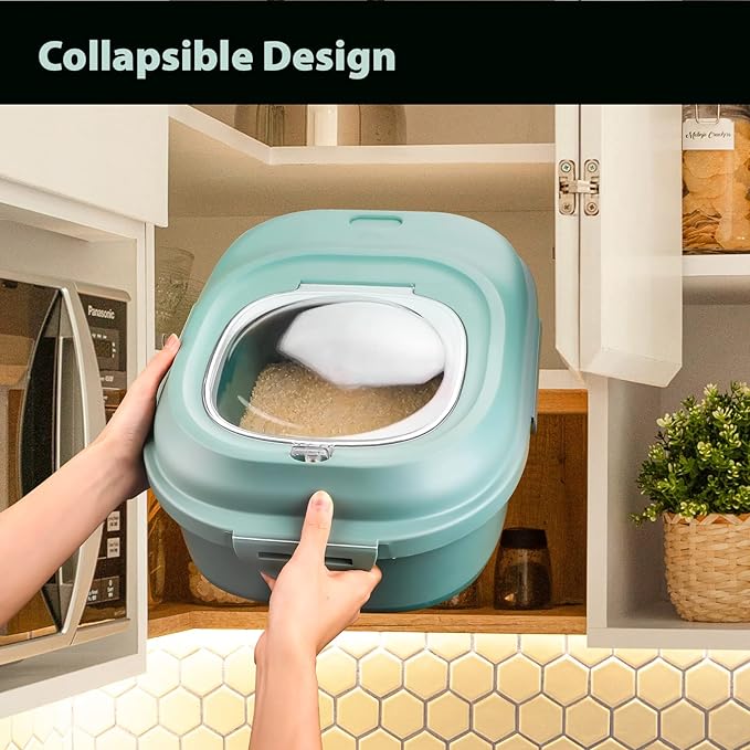 Cereal Rice Storage Containers, 20 to 50Lbs Collapsible Dry Food Dispenser Bins with Airtight Flip Lid Rolling Wheel, Kitchen Pantry to Store Sugar Flour, Dog Pet Cat Food Holder Container