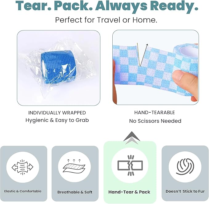 Pet Bandage 6 Rolls, Adhesive Bandage, Self Adhesive Bandage, First Aid Adhesive Gauze, for Horses, Dogs,Cats, Birds, Animals (Checkered, 2 Inch (Pack of 6))