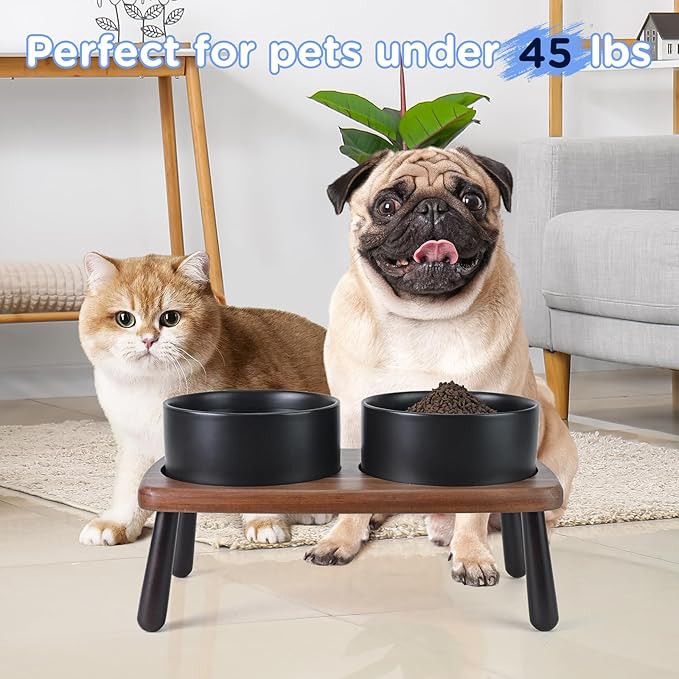 SPUNKYJUNKY Ceramic Elevated Dog Bowls Raised with Acacia Bamboo Wooden Stand, 6.1'' Dog and Cat Food Water Bowls Set Non-Slip for Small Medium Sized Breed Microwave Dishwasher Safe - 28.7 OZ,Black