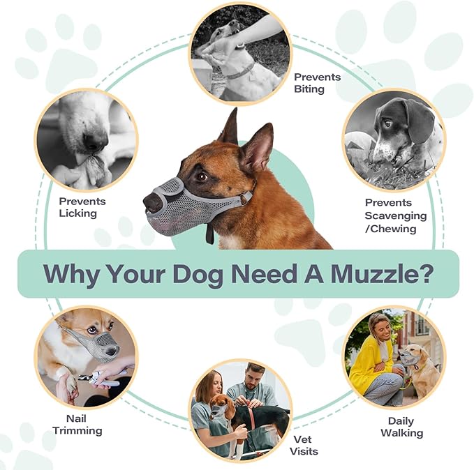 LUCKYPAW Dog Muzzle for Large Medium Small Dogs, Patented Mesh Muzzle to Prevent Biting Chewing Eating, Soft Mouth Guard with Front Opening Design for Drinking Panting(Grey, M)