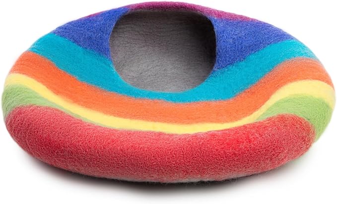 Woolygon Premium Felt Cat Cave Bed โ Wool Kitty Beds Handcrafted Kitten Caves Bed for Indoor Cats - Made from 100% Eco-Friendly Merino Wool, Foldable Cat Hidewawy Covered Cat House Pod (Rainbow Twist)