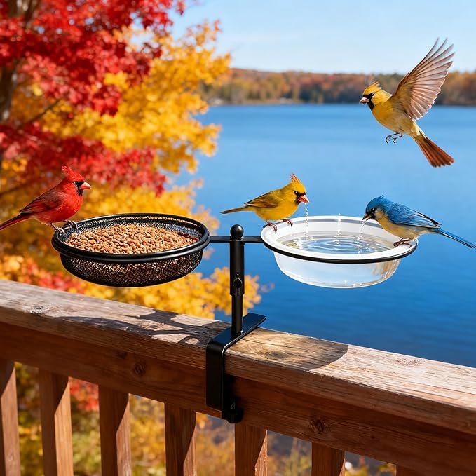 Bird Feeder for Apartment Balcony,Balcony Bird Feeder with Food Tray and Water Bowl,Detachable and Adjustable Heavy Duty Sturdy Steel,Rounded
