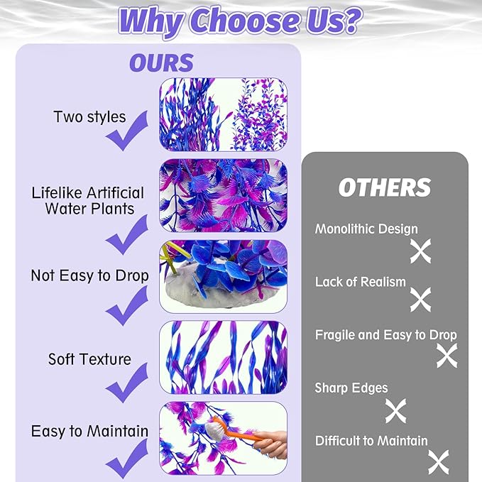 Hamiledyi Tall Aquarium Plants 23 Inches - Fish Tank Decorations, Artificial Green Water Plants Grass Cluster, Soft Plastic Fake Decor 2PCS(Purple Style C)