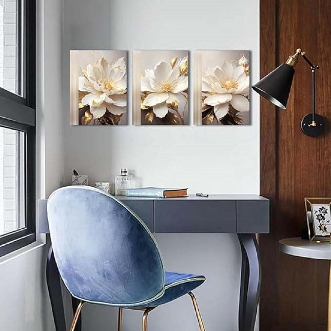 Yxbhhym Flower Canvas Wall Decor Living Room Bathroom Wall Art Paintings for Bedroom Wall Art Dining Room White Floral Picture Poster Artwork Modern Framed Art Prints 3 Piece Home Decorations