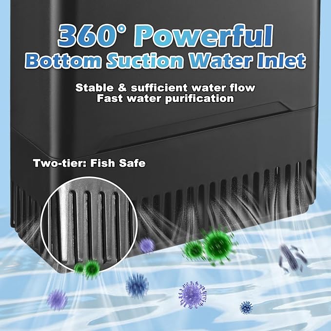 Turtle Tank Filter w/U-V Light for Large 40-150 Gal Tank 4-Stage Flow Adjustable Low Water Level Internal Deodorization Green Clean Machine Killing Cloudy Saltwater Freshwater Aquarium Crystal Clear