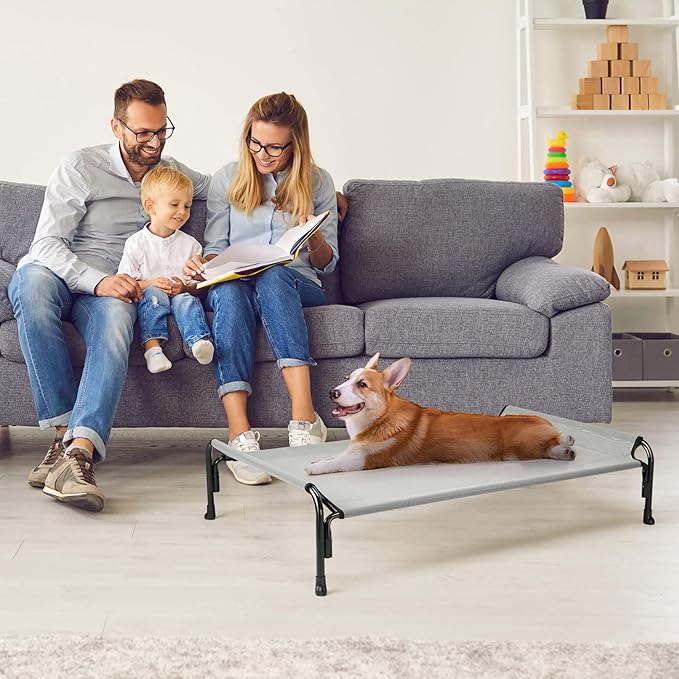 Veehoo Outdoor Elevated Dog Bed, Raised Dog Cot for Small Medium Dogs, Cooling Washable Waterproof Pet Hammock Beds with Slope Headrest, Breathable Mesh and Sturdy Frame, M, Grey, CWC2204