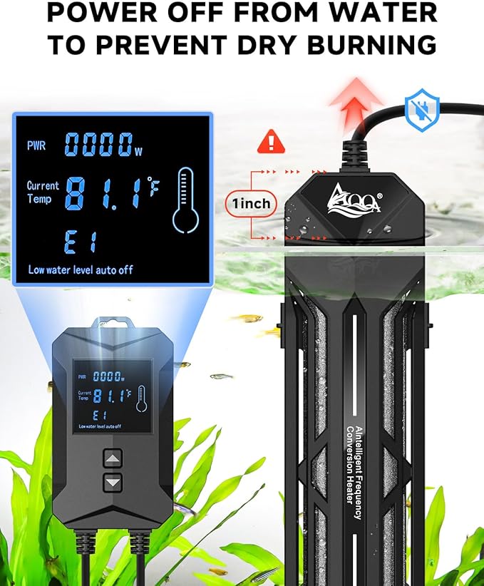 AQQA Aquarium Heater,64-95°F Fast Heating Double Quartz Glass Tube Fish Tank Heater,High-definition LCD Controller Displays Real-time Power,Anti-dry and Over-temperature Protection (1200W 210-330 Gal)