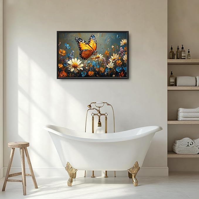 Large Butterfly Daisy Wall Art for Living Room, Floral Landscape Canvas Oversized Wall Decor, Flower Scenery Aesthetics Framed Pictures Painting Print Artwork for Bedroom Office 36"L x 24"W