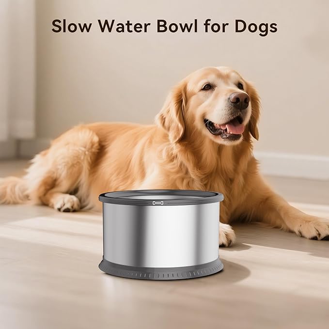 2PCS 3.5L No Spill Dog Water Bowl 118oz Stainless Steel Slow Water Bowl for Small Medium Large Dogs Splash Proof Pet Bowl with Anti-Slip Mat for Sloppy Messy Drinkers