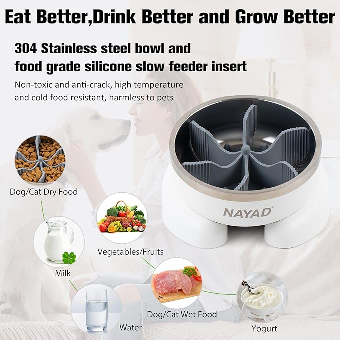 Raised Dog Bowl Stand with Slow Feeder Thick Stainless Steel Food Bowls for Large or Medium Sized Dogs Non-Slip Tilted Dog Feeder Station, Neck and Nose Protective Pet Bowl, 4 Cups (32 oz), White