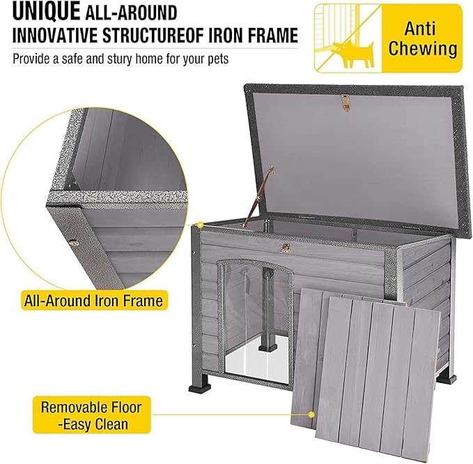 Aivituvin Dog House Outdoor Indoor Weatherproof Dog House for Small & Medium & Large Dogs with Unique All-Around Iron Frame&Raised Feet(Grey)