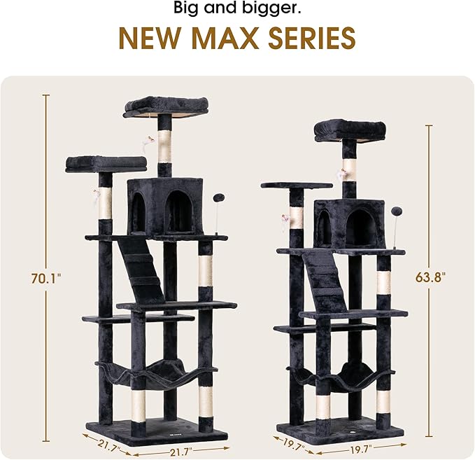 MWPO 70.1-Inch Large Cat Tree, Multi-Level Tall Cat Tower for Indoor Cats, Plush Cat Condo with Big Padded Perches, Sisal-Covered Scratching Posts, Hammock, Toys for Kittens & Cats - Smoky Grey