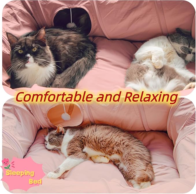 XxingSheep 4 Ways Shuttled XL Cat Tunnel Bed for Indoor Cats Peekaboo Cat Cave Donut with Cool Mat (Pink)