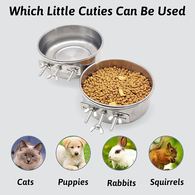 Hamiledyi 2 Pcs Dog Crate Bowl Stainless Steel Puppy Bowls Durable Spill-Proof Pet Water Bowl Hanging Water/Food Metal Bowls for Puppy Medium-Sized Dogs Cats (4.7'' x 2'')