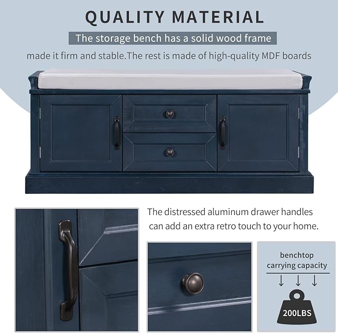 Storage Bench with 2 Drawers and 2 Cabinets, Pine Wood Shoe Bench with Removable Cushion for Living Room, Entryway 42.5" L x 15.9" W x 17.5" H (Antique Navy)