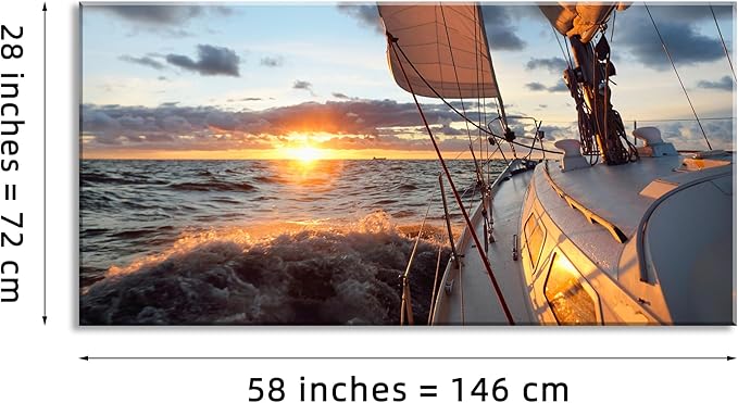 Yacht Sailing in Sea at Sunset Scenery Canvas Wall Art for Living Room Bathroom,Close-up View of Deck Mast Sails Picture Print Artwork Painting Decor,Epic Seascape Scenic Landscape,Inner Frame 30x60