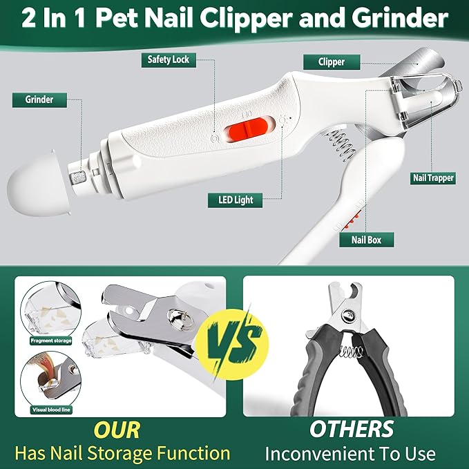 Dog Nail Clippers & Cat Nail Clipper With Catcher, 2 In 1 Dog Nail Trimmers & Grinder With Light for Large Small Dogs Cats,Silent Groom Pro Claw Trimmer, Rechargeable Dogs Nails Grinder Quiet