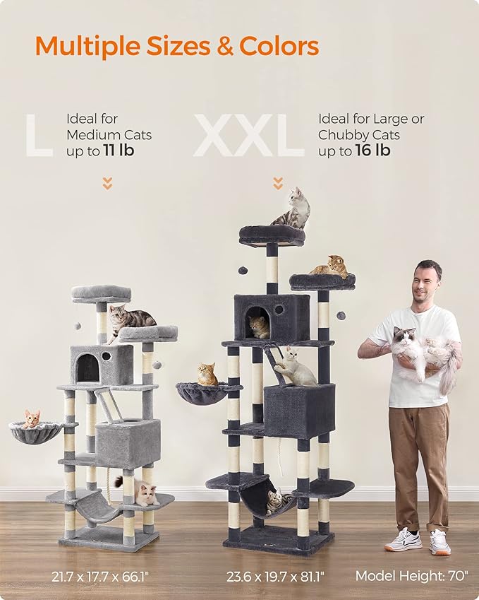 Feandrea Cat Tree, 66.1-Inch Large Cat Tower with 13 Scratching Posts, 2 Perches, 2 Caves, Basket, Hammock, Pompoms, Multi-Level Plush Cat Condo for Indoor Cats, Light Gray UPCT165W01