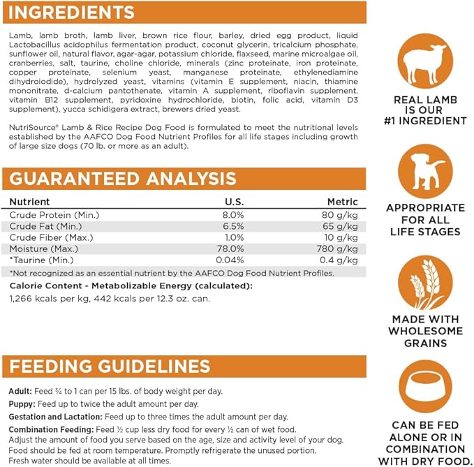 NutriSource Lamb & Rice Recipe Dog Food, Premium Wet Dog Food, 12.3 Ounce (Pack of 12)