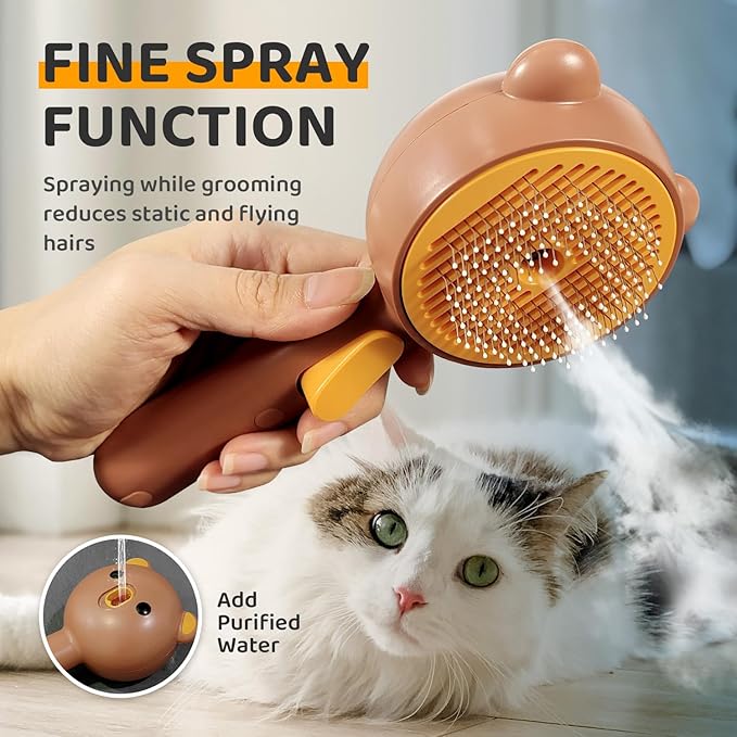 Cat Steam Brush, Self Cleaning Pet Spray Hair Removal Comb with Release Button, 3 In 1 Cat Brush for Indoor Cats, Waterproof Pet Grooming Brushes for Long Short Haired Dogs Cats(Brown)
