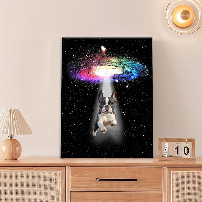 Funny Dog Wall Art Canvas Boston Terrier Wall Decor Prints Framed Painting Bulldog Galaxy Pictures Gifts Artwork for Bathroom 12"x16"